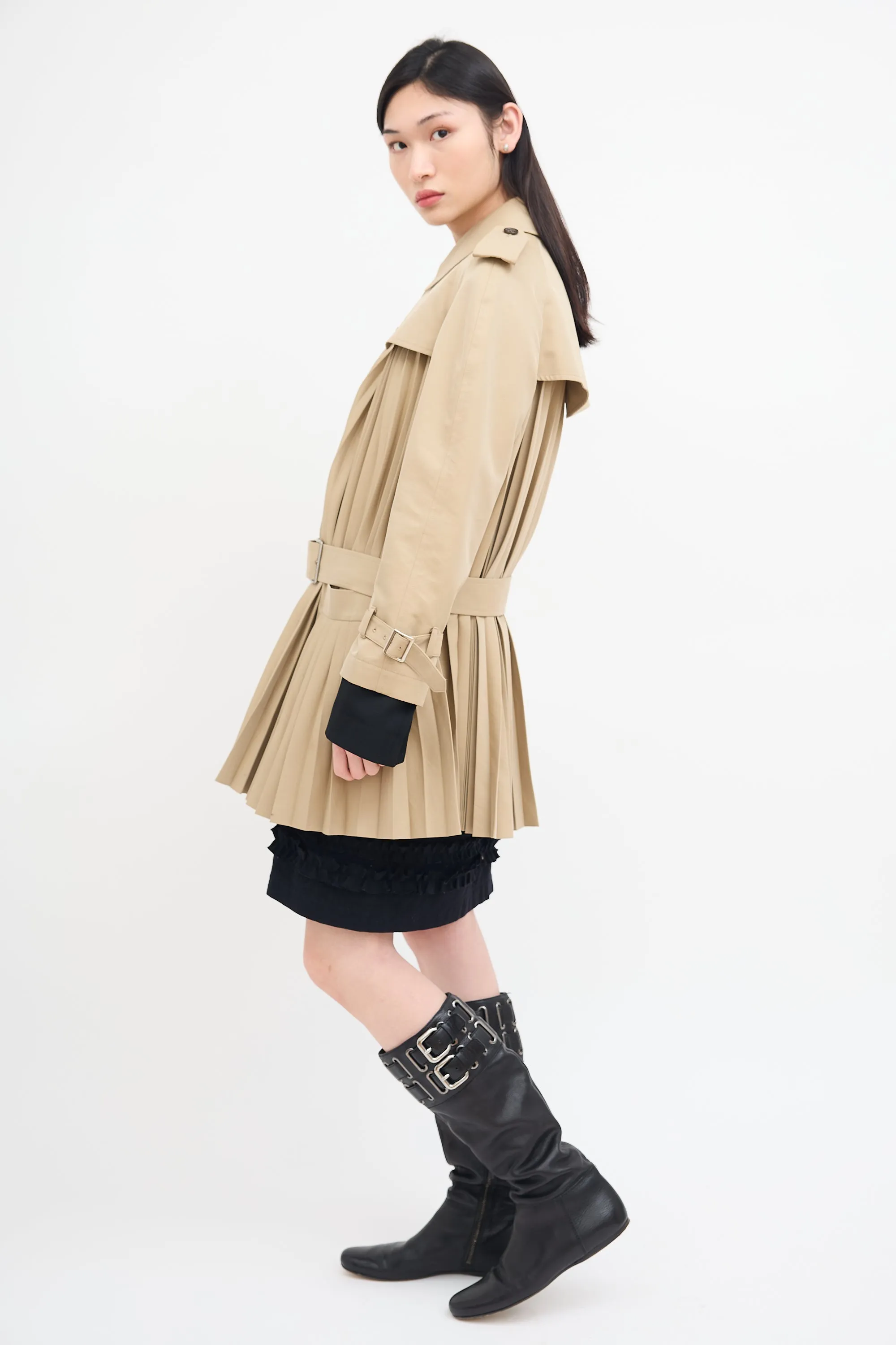 2017 Beige Belted Pleat Trench Coat