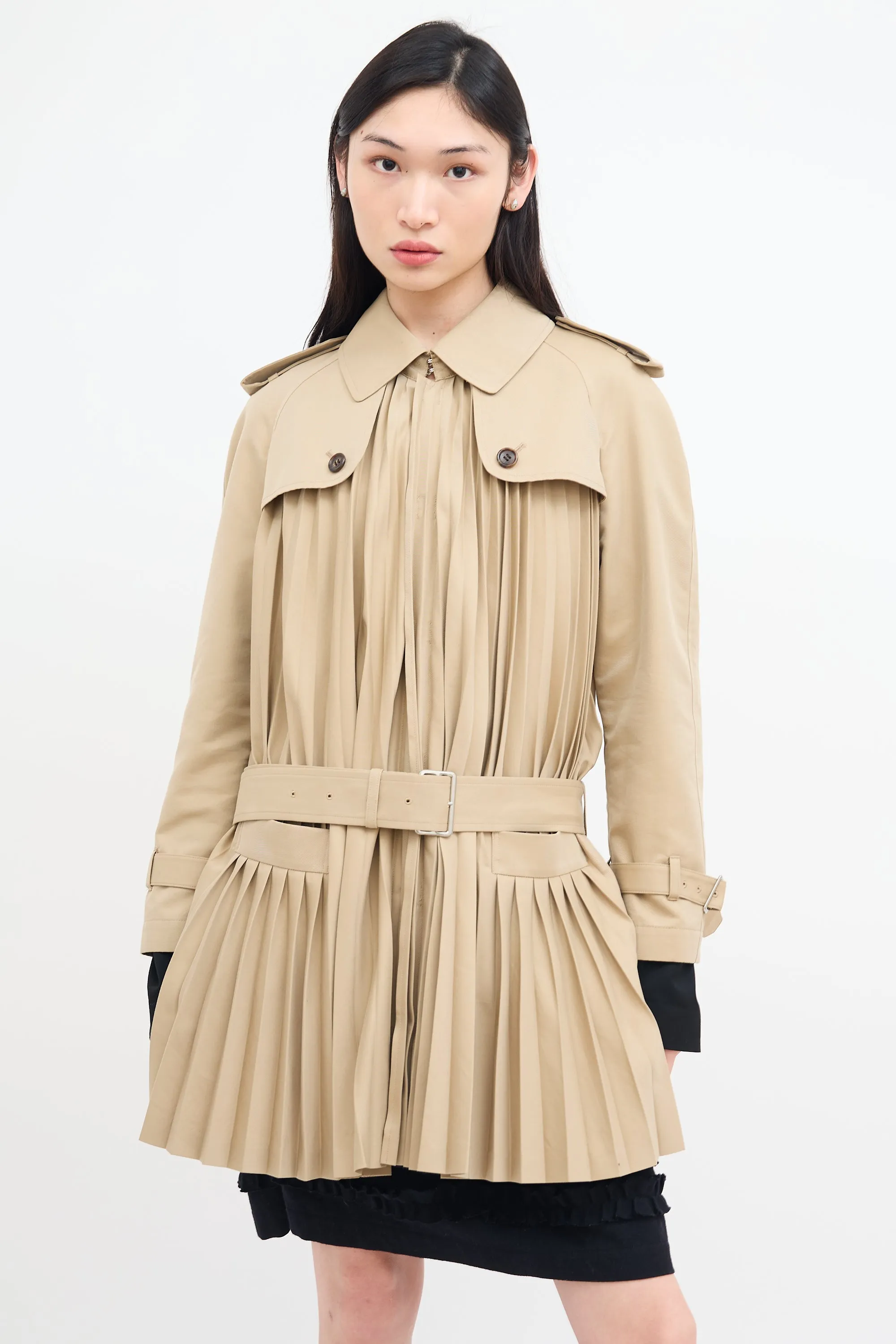 2017 Beige Belted Pleat Trench Coat