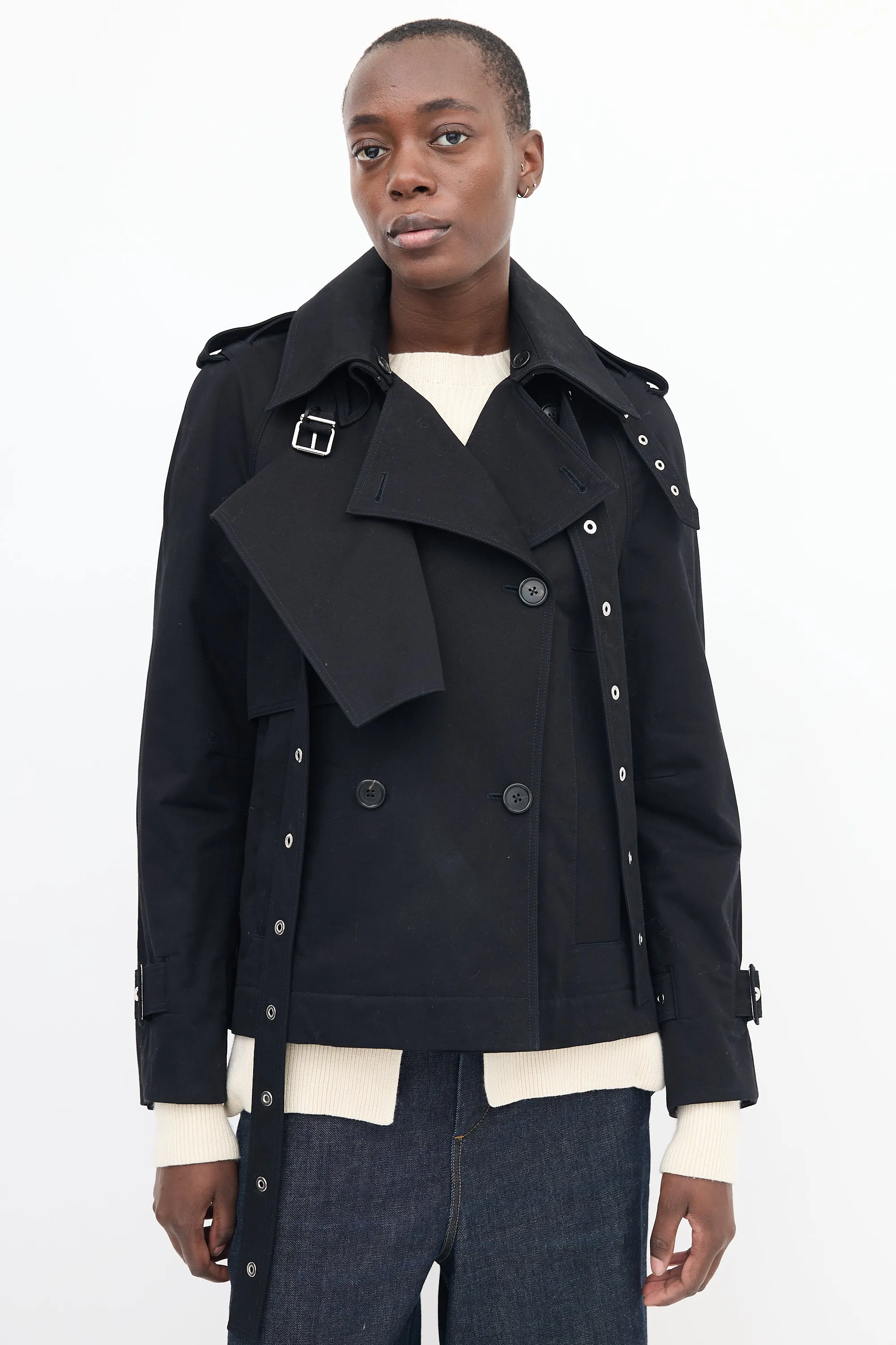 Black Buckled Short Trench Coat