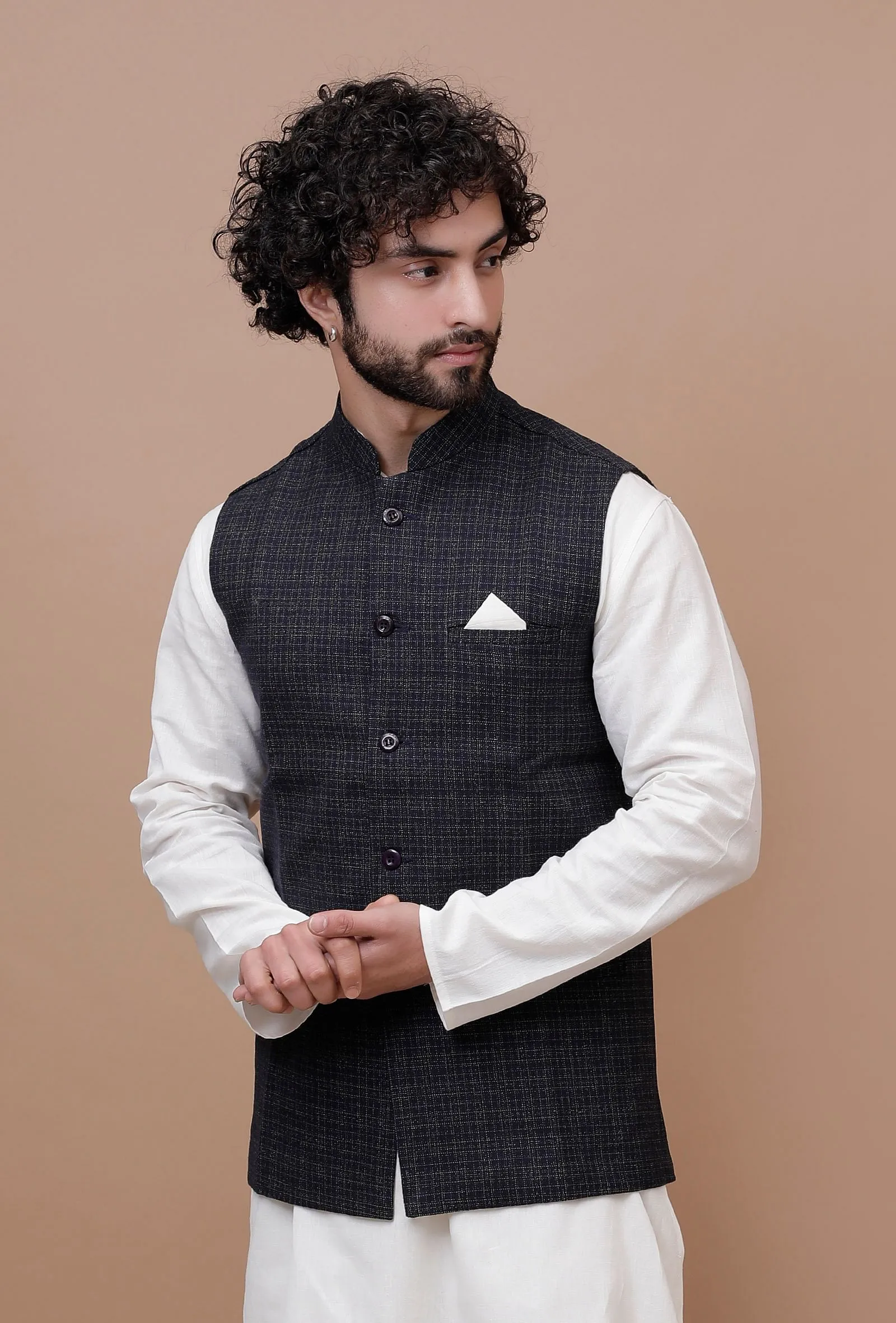 Black Check Woolen Nehru Jacket