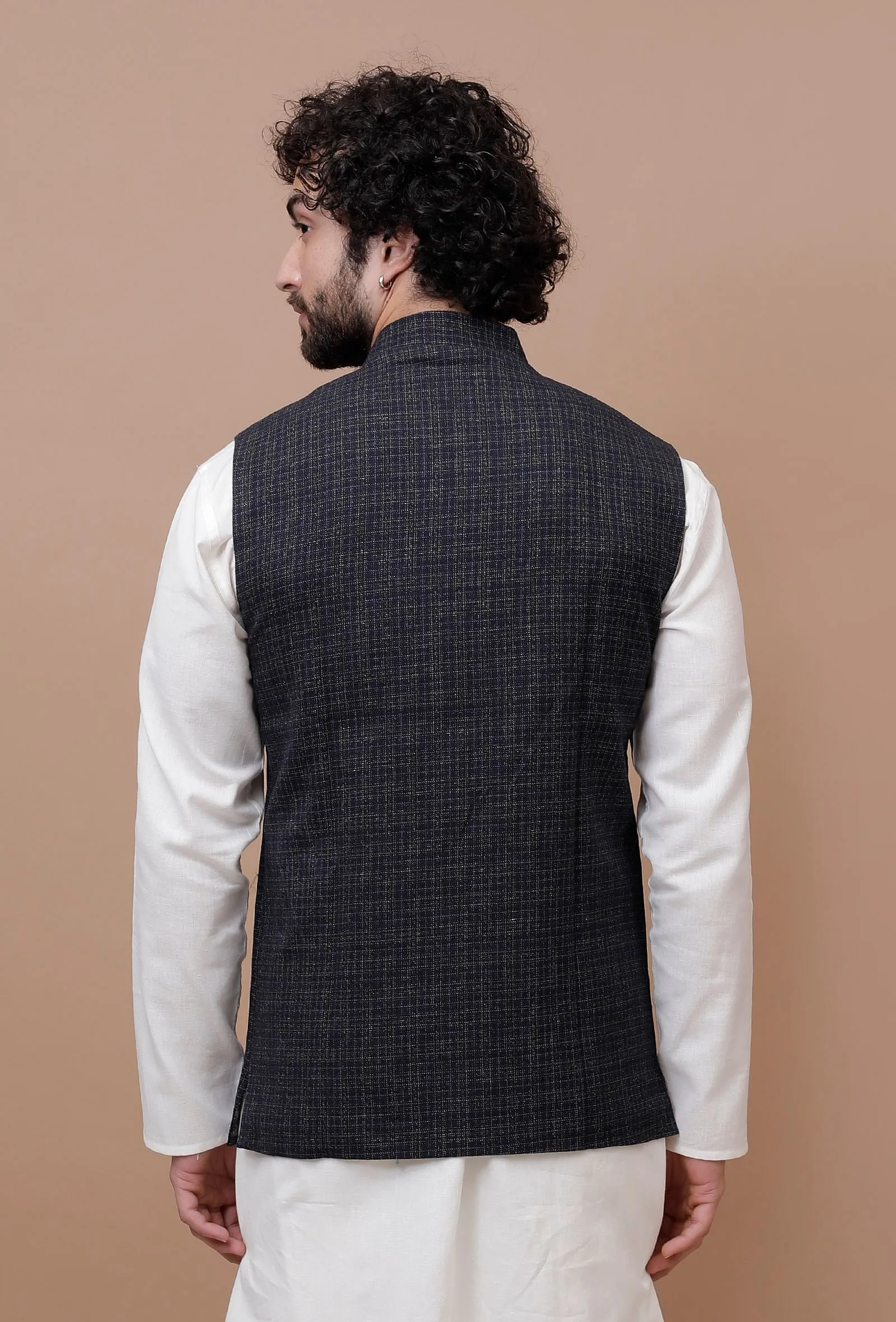 Black Check Woolen Nehru Jacket