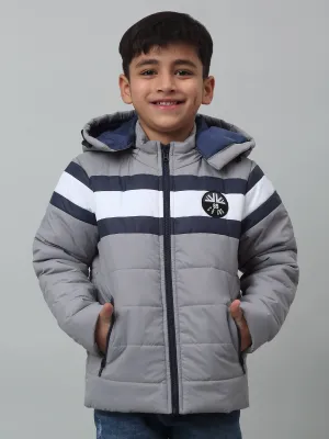 Boys Grey Hooded Neck Colour Blocked Casual Jacket For Winter