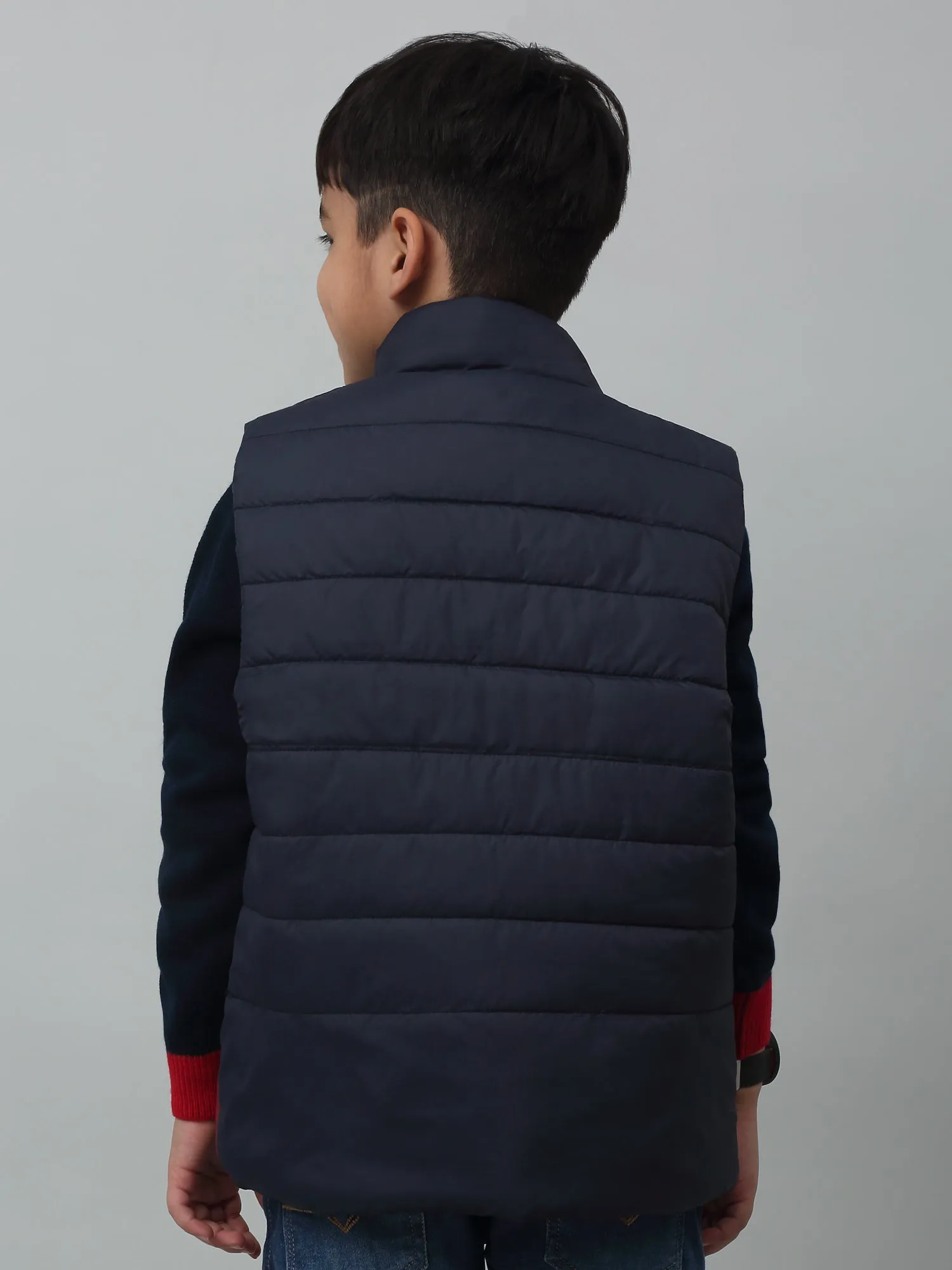 Boys Maroon Mandarin Collar Color-Blocked Casual Jacket For Winter