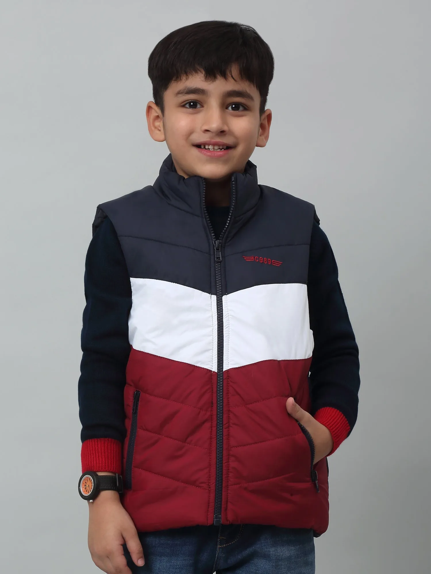 Boys Maroon Mandarin Collar Color-Blocked Casual Jacket For Winter