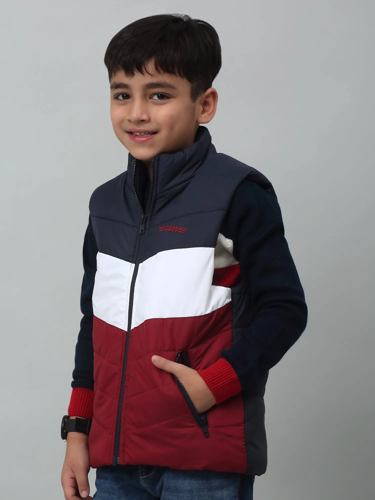 Boys Maroon Mandarin Collar Color-Blocked Casual Jacket For Winter