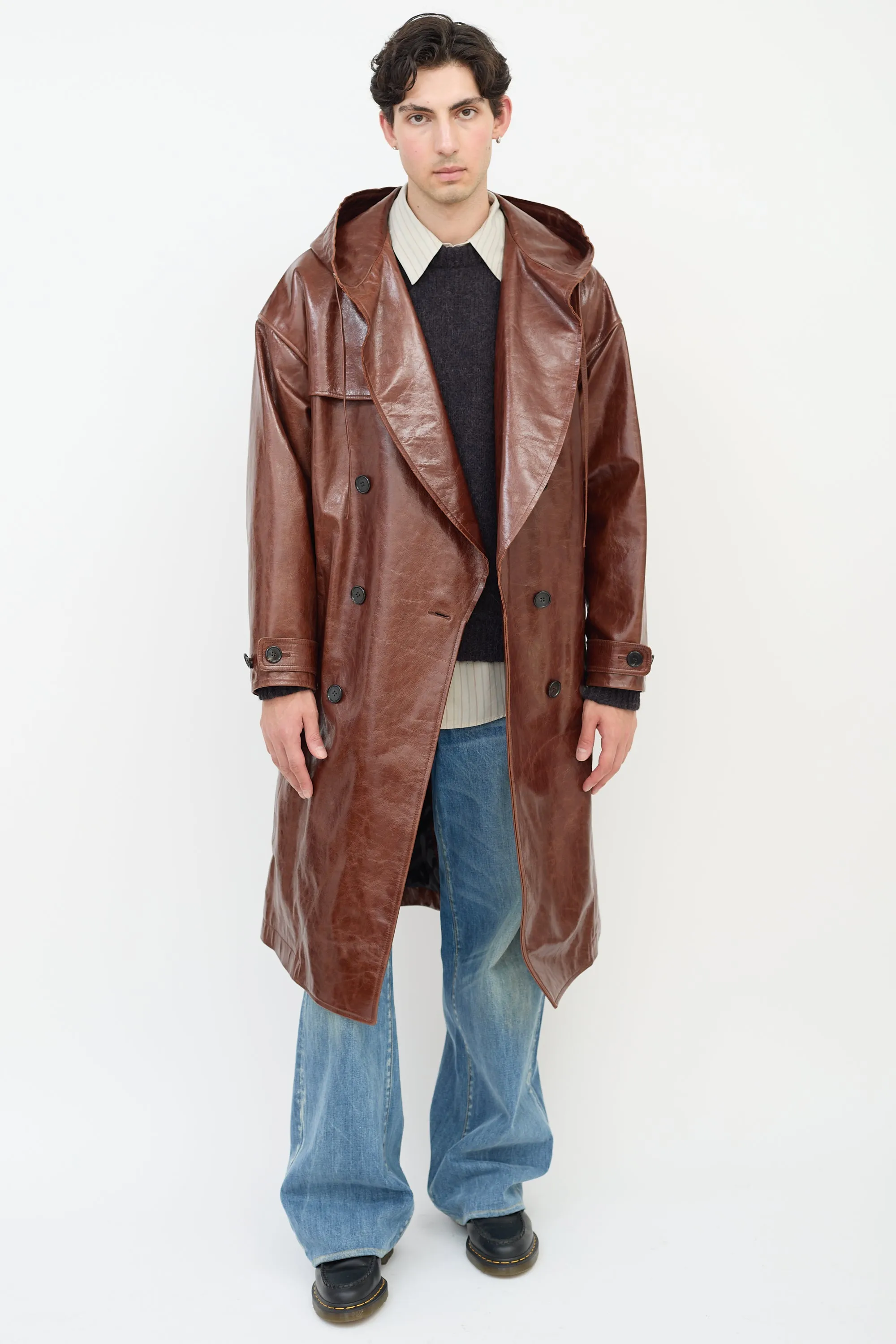 Brown Leather Hooded Trench Coat