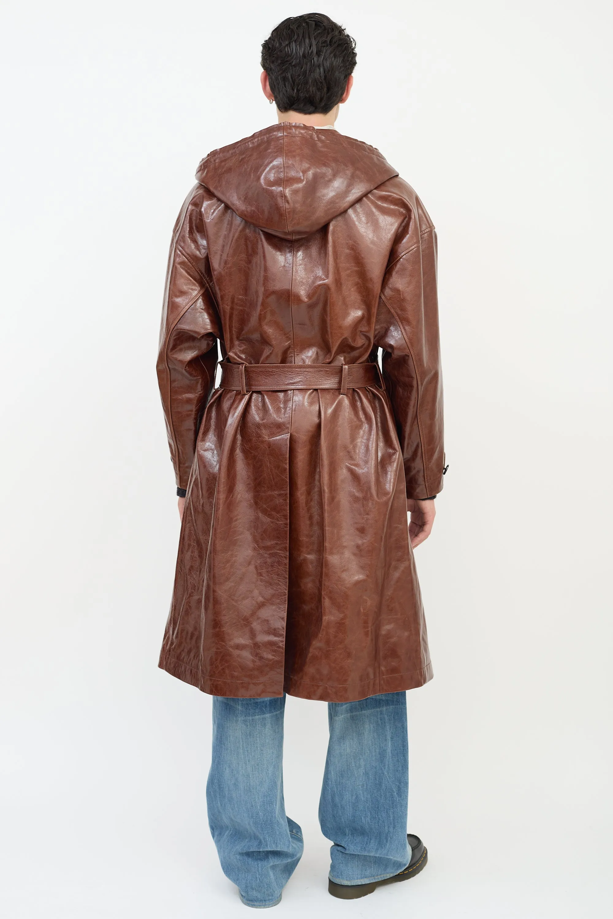 Brown Leather Hooded Trench Coat