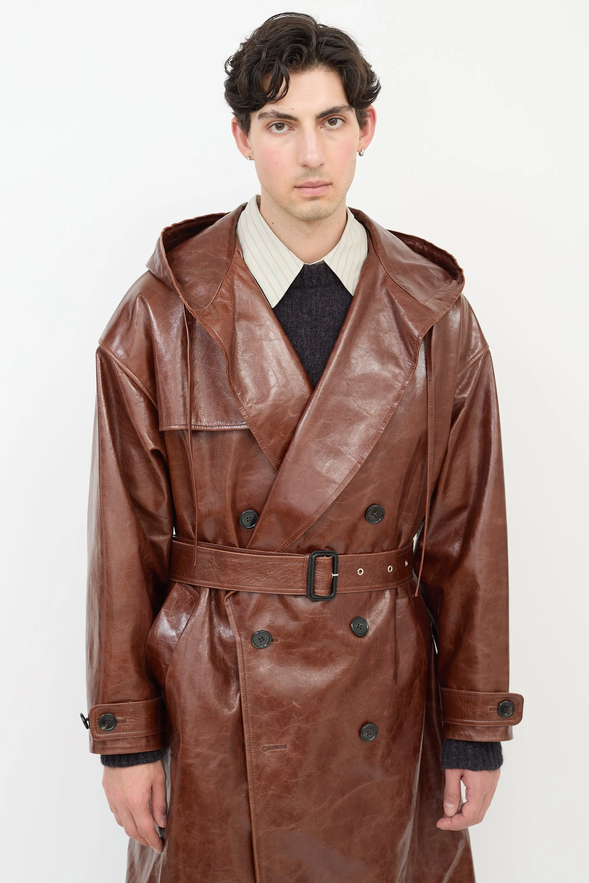 Brown Leather Hooded Trench Coat