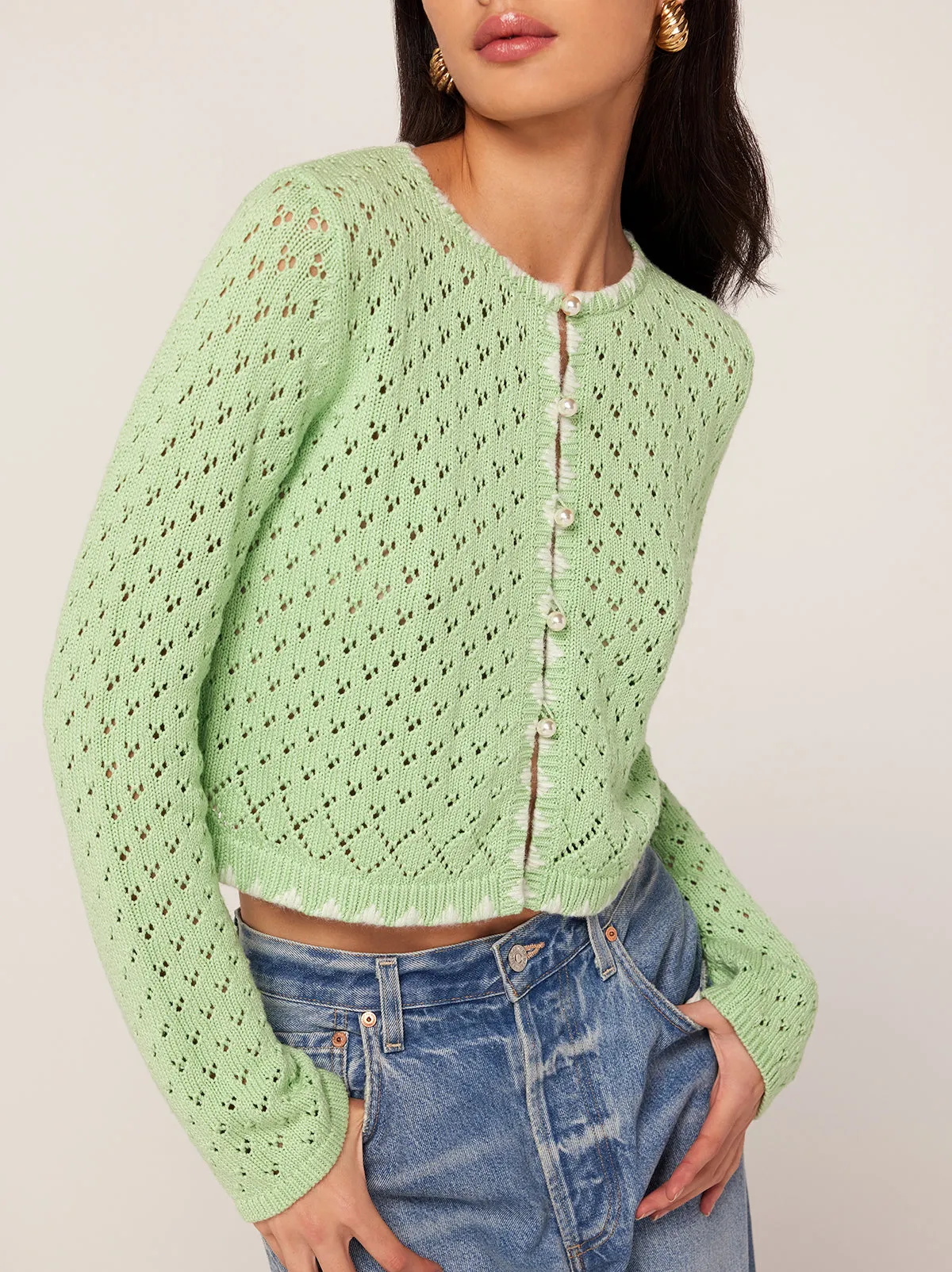 Carmel Pistachio Pointelle Knit Cardigan