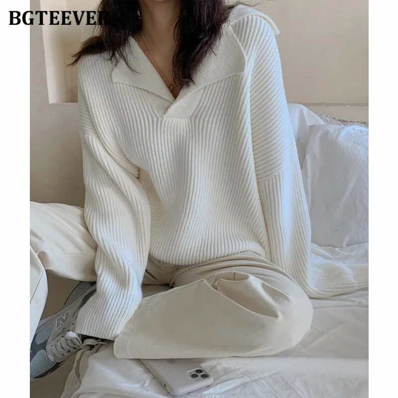 Christmas Gift Joskaa Elegant Turn-Down Collar Loose Women Sweaters Full Sleeve Solid Female Knitted Pullovers 2024 Autumn Winter Knitwear