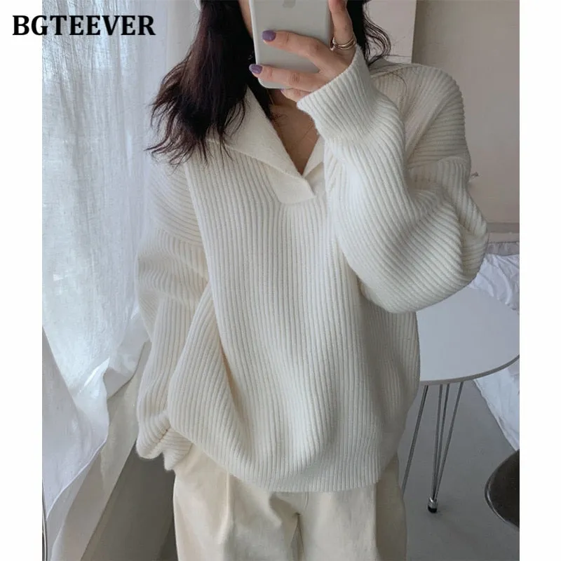 Christmas Gift Joskaa Elegant Turn-Down Collar Loose Women Sweaters Full Sleeve Solid Female Knitted Pullovers 2024 Autumn Winter Knitwear