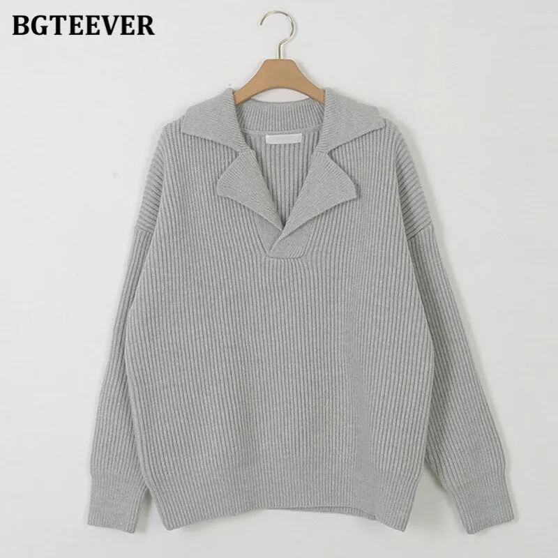 Christmas Gift Joskaa Elegant Turn-Down Collar Loose Women Sweaters Full Sleeve Solid Female Knitted Pullovers 2024 Autumn Winter Knitwear