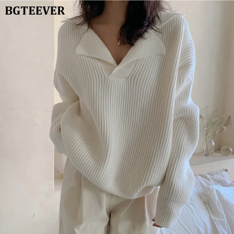 Christmas Gift Joskaa Elegant Turn-Down Collar Loose Women Sweaters Full Sleeve Solid Female Knitted Pullovers 2024 Autumn Winter Knitwear