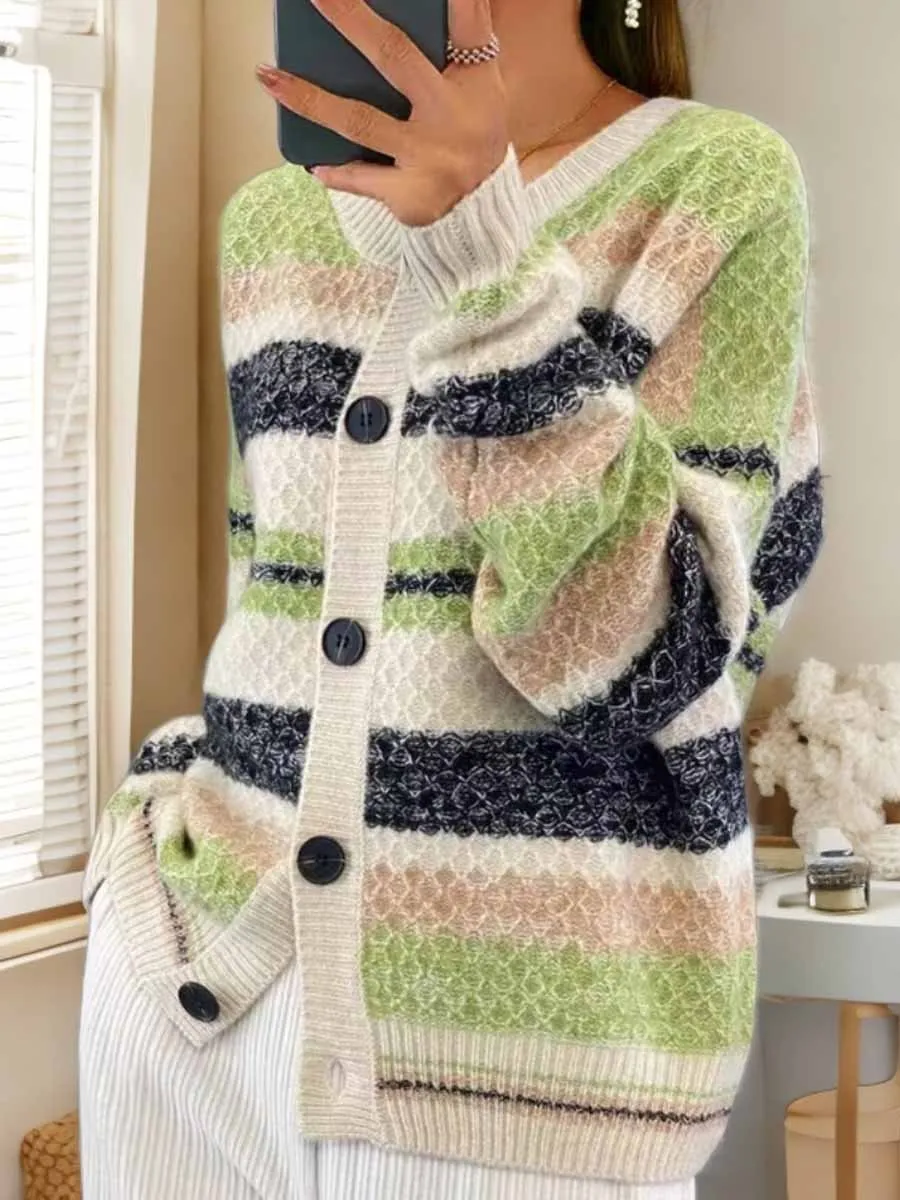 Contrast Color Crew Neck Long Sleeve Knitted Cardigan