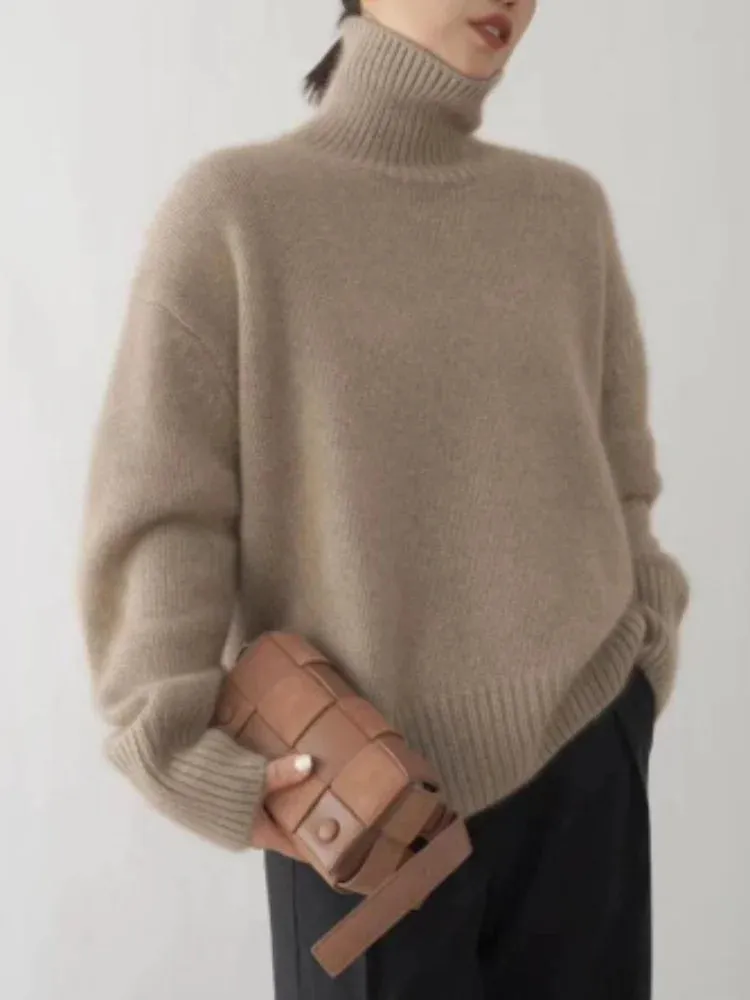 Elegant Solid Color Turtleneck Knitted Women Casual Long Sleeve Loose Sweater