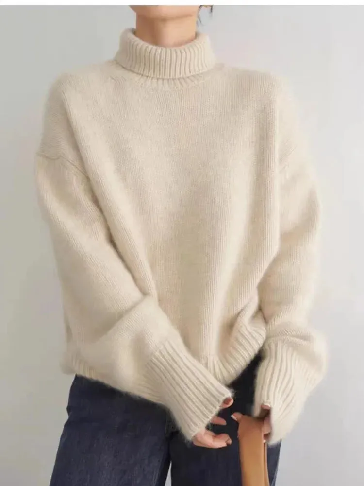 Elegant Solid Color Turtleneck Knitted Women Casual Long Sleeve Loose Sweater