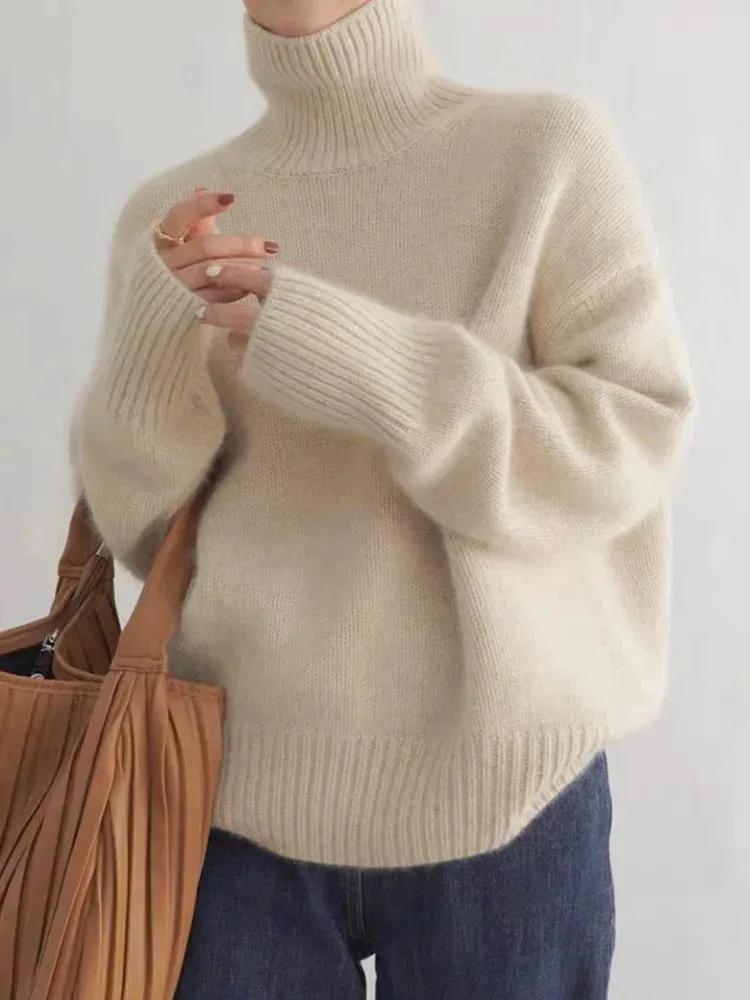 Elegant Solid Color Turtleneck Knitted Women Casual Long Sleeve Loose Sweater