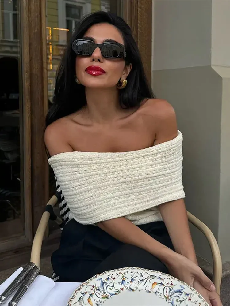 Elegant White One Shoulder Knitted Women Sexy Off Shoulder Short Sleeves Slim Sweater