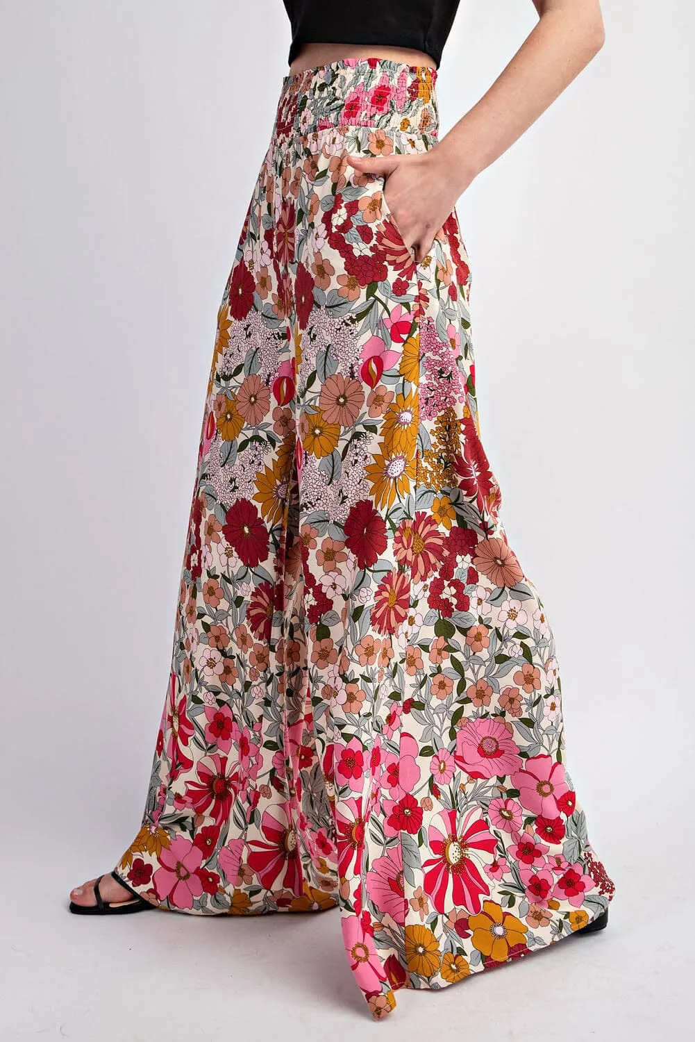 FLARE FLORAL PRINTED WIDE LEG SMOCKED WAIST PANT