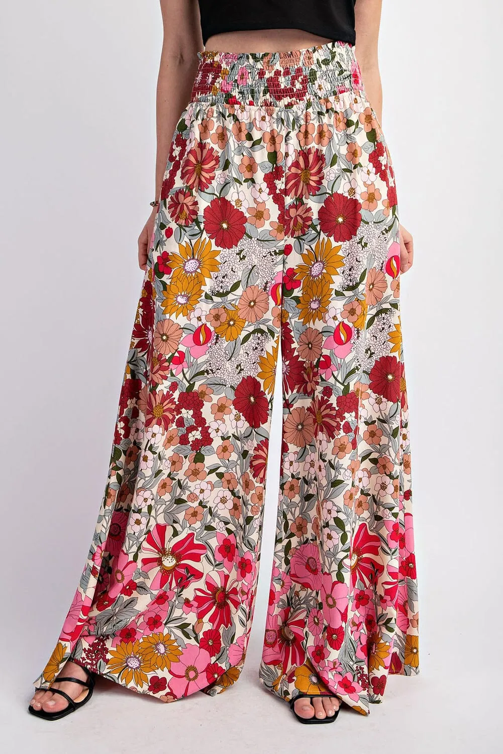 FLARE FLORAL PRINTED WIDE LEG SMOCKED WAIST PANT