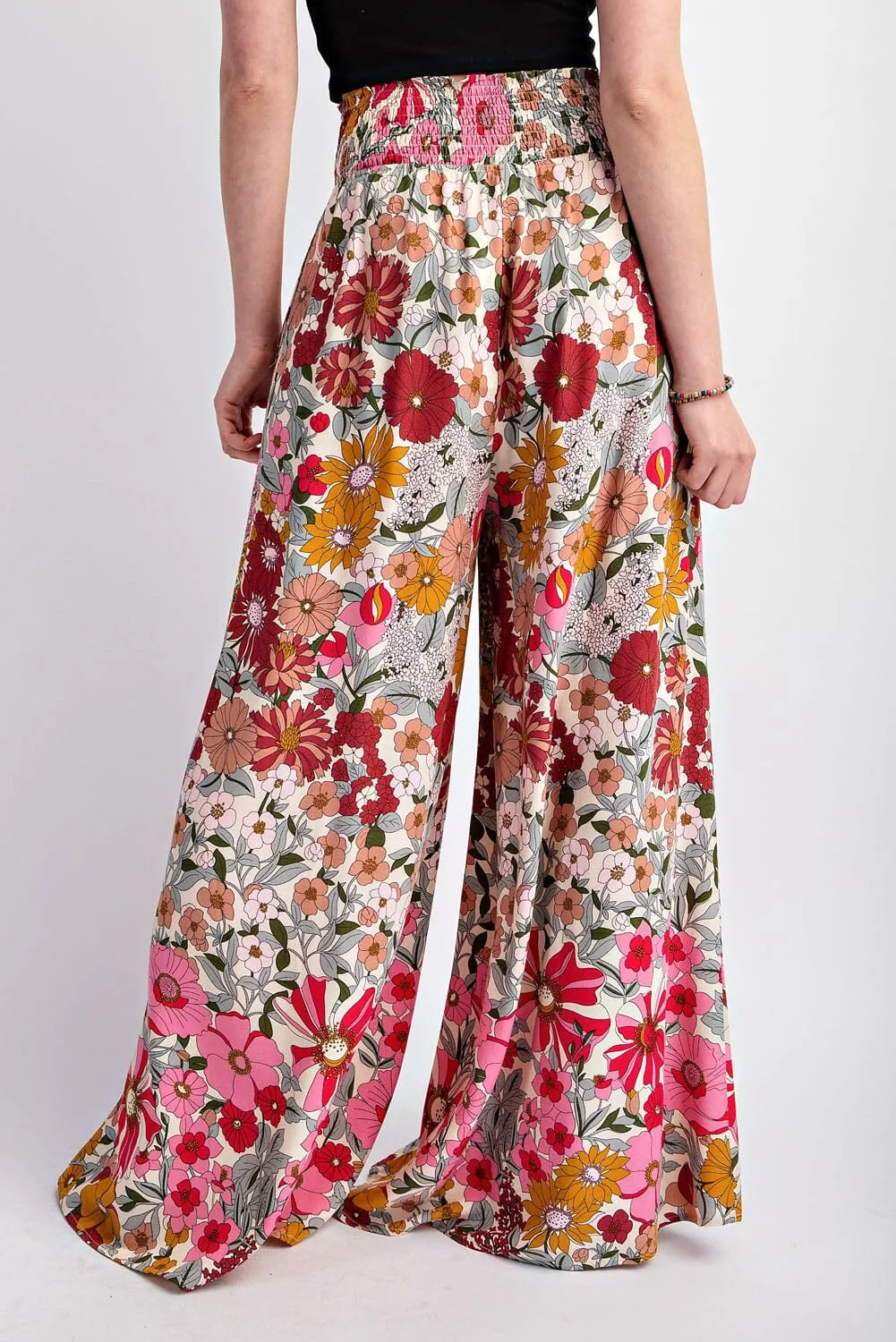 FLARE FLORAL PRINTED WIDE LEG SMOCKED WAIST PANT