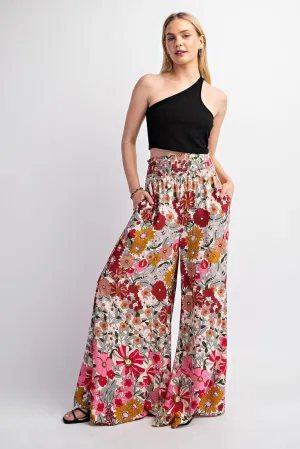 FLARE FLORAL PRINTED WIDE LEG SMOCKED WAIST PANT