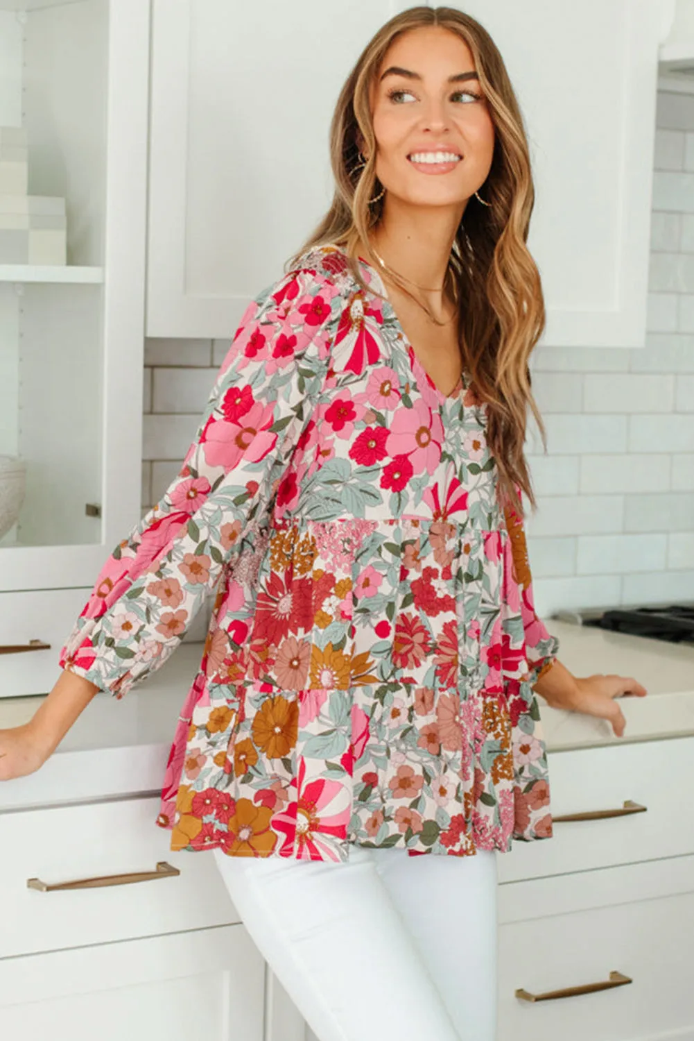 Floral Print Ruched V Neck Babydoll Blouse