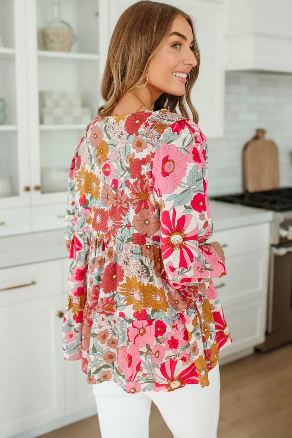 Floral Print Ruched V Neck Babydoll Blouse