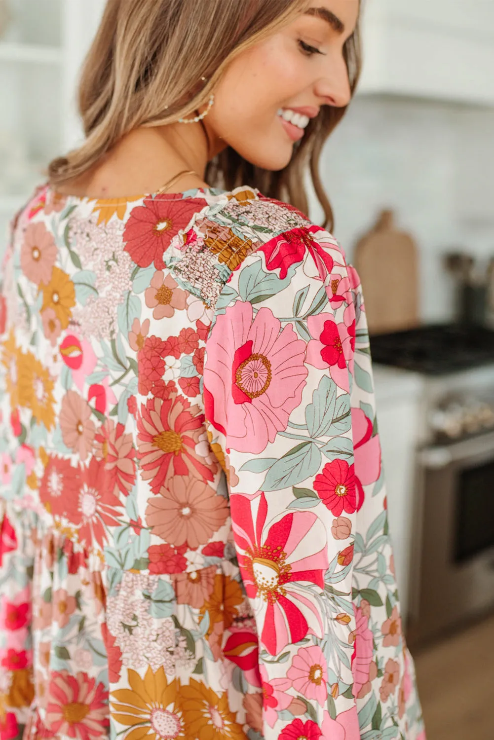 Floral Print Ruched V Neck Babydoll Blouse