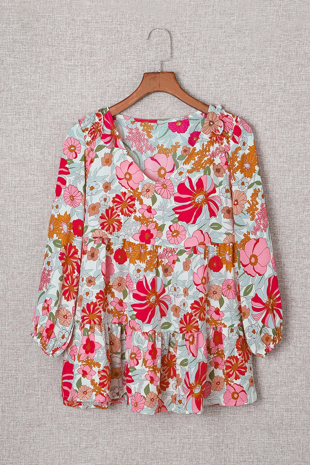 Floral Print Ruched V Neck Babydoll Blouse