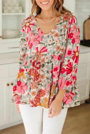 Floral Print Ruched V Neck Babydoll Blouse