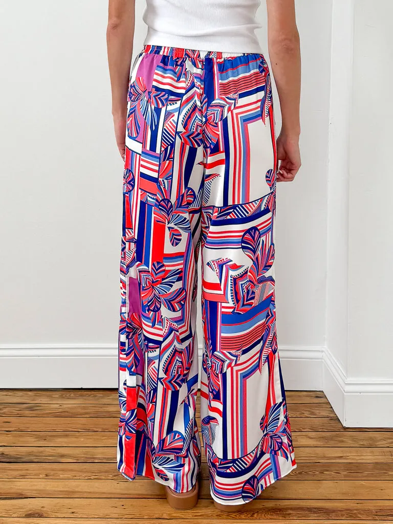 Getaway Wide Leg Pants- Cream/Blue/Coral