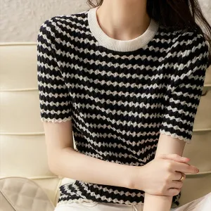 Girlary Women Striped Pullovers New Fashion Elegant Office Lady Short-Sleeve Thin Loose Sweaters