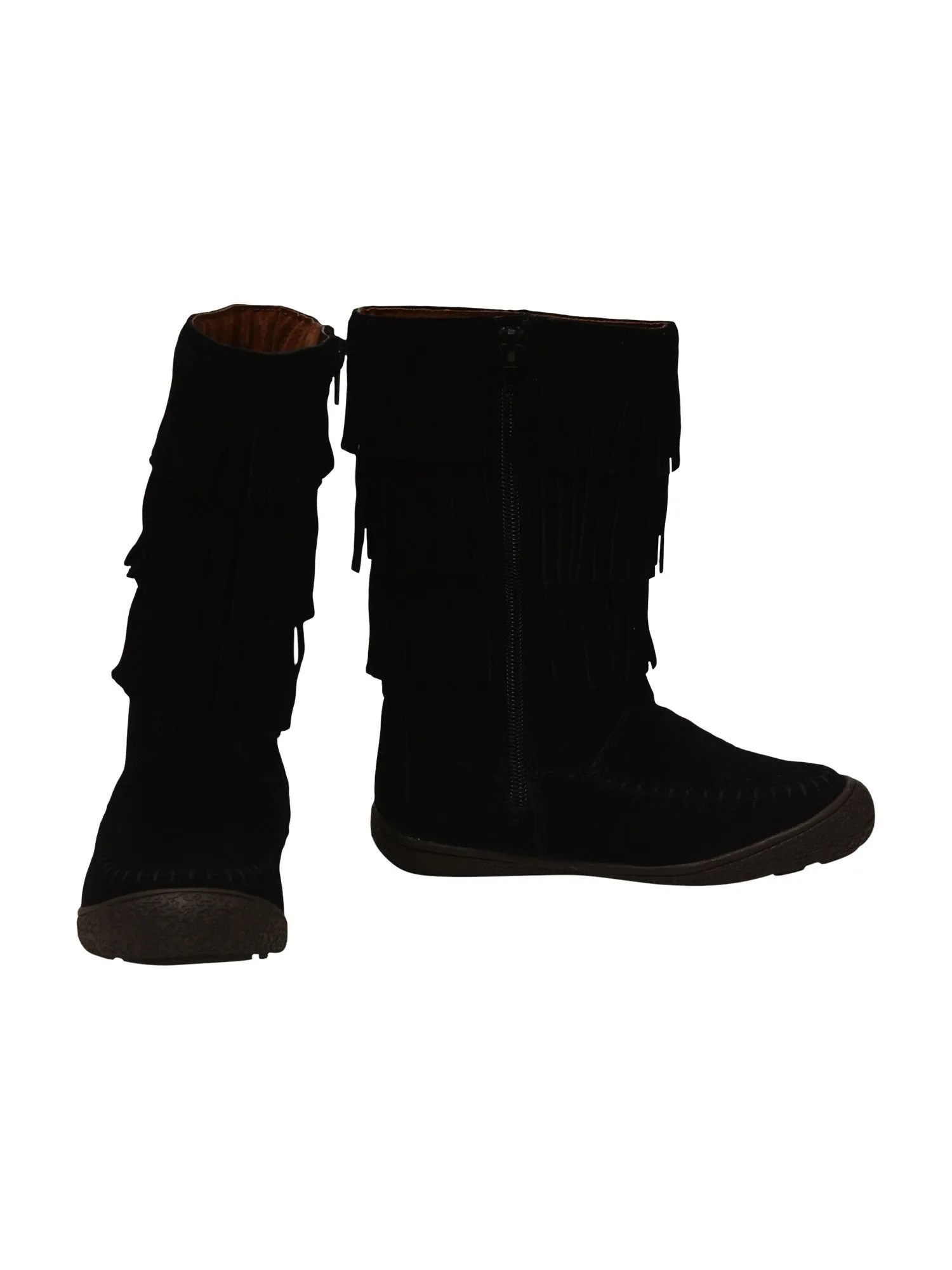 Girls Black Tiered Fringed Side Zip Suede Leather Mid Boots 11-4 Kids