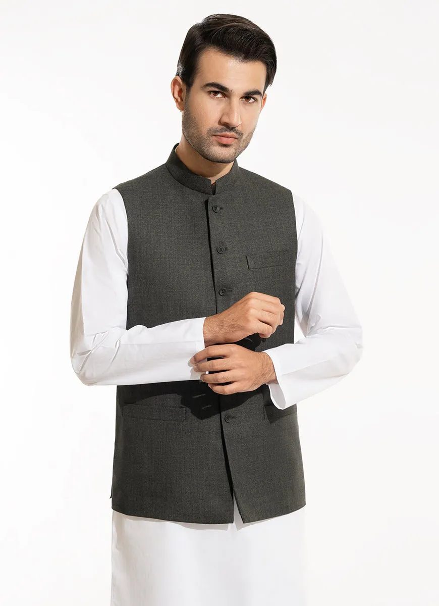 Green Bird Eye Textured Poly Viscose Waist Coat