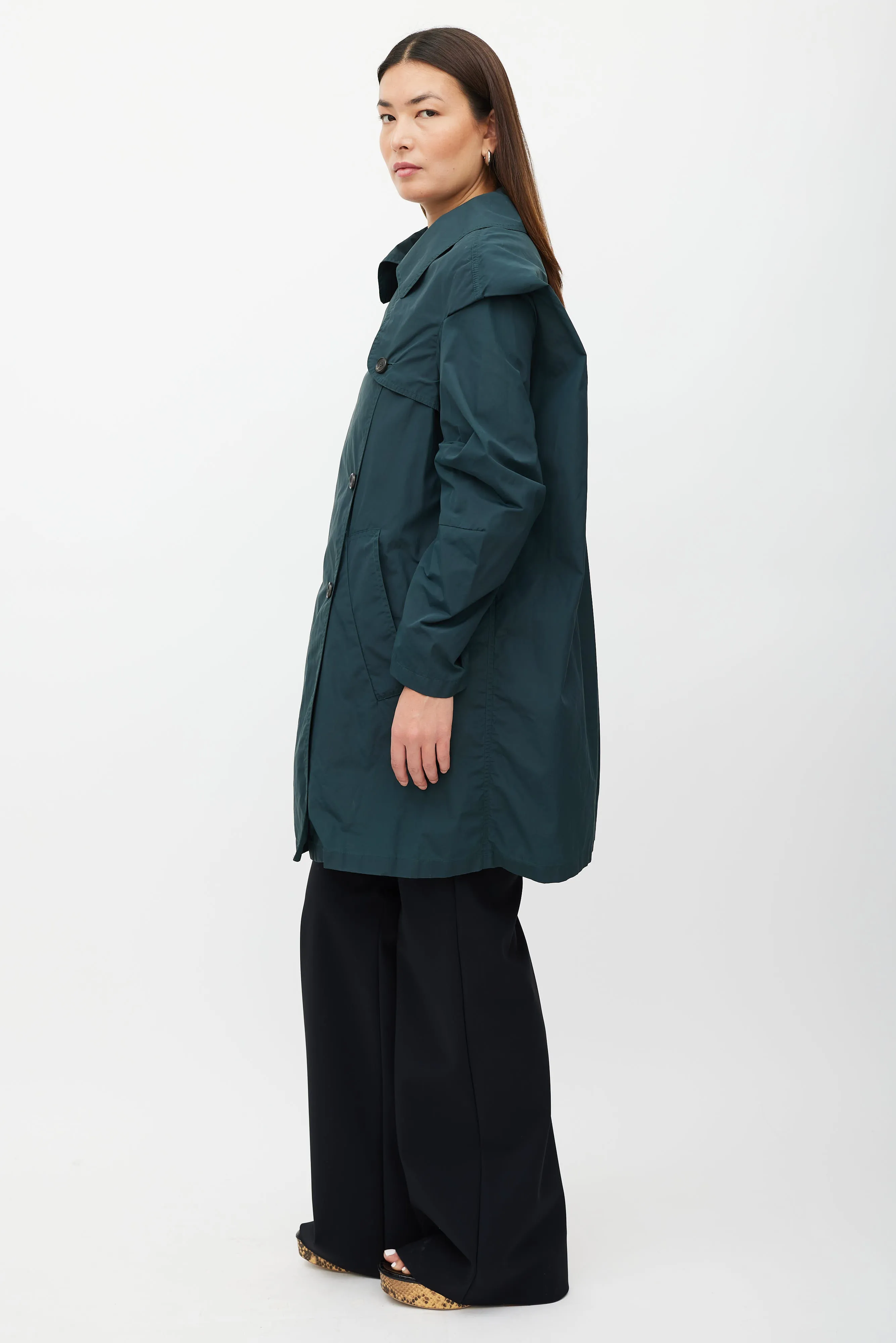 Green Nylon Blend Trench Coat