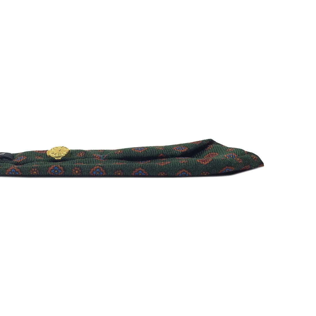 Green wool challis tie, blue & red neat print