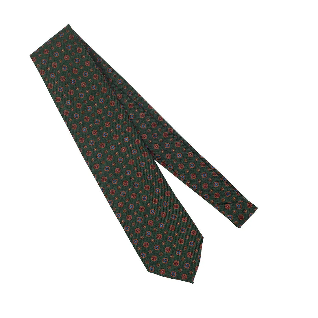 Green wool challis tie, blue & red neat print