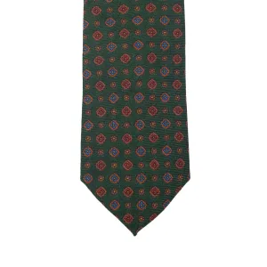 Green wool challis tie, blue & red neat print