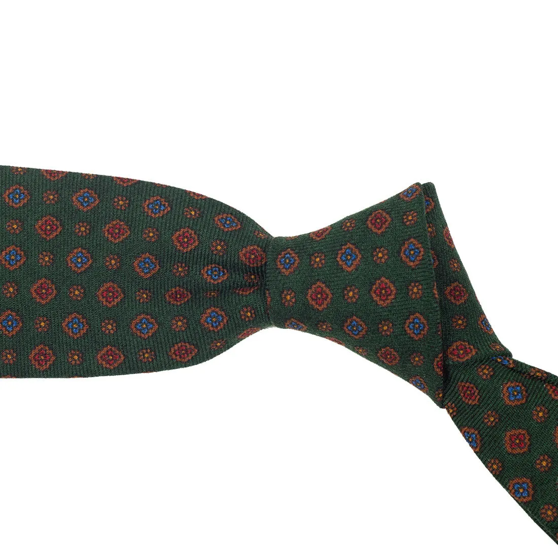 Green wool challis tie, blue & red neat print