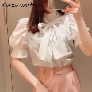 Joskaa Christmas Gift Kuzuwata Bowknot Stand Neck Puff Half Sleeve Solid Blouses 2024 Spring Summer Fresh Shirts Temperament Office Lady Women Tops