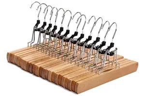 JS HANGER Natural Solid Wooden Collection Slack Hanger, Wood Skirt Hangers, Natural Polished, Set of 12