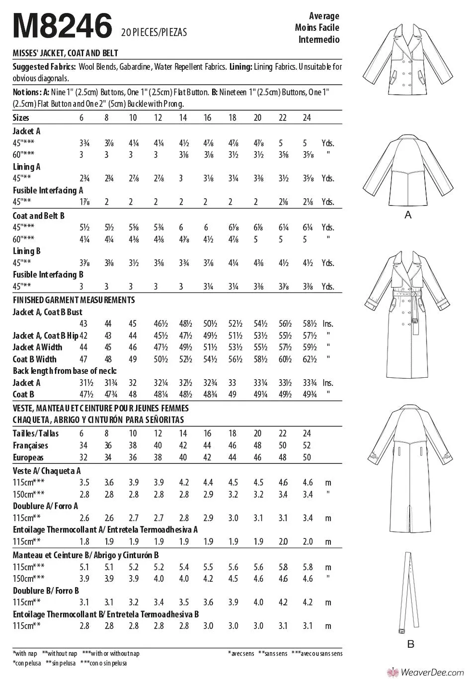 McCall's Pattern M8246 Misses' Jacket, Coat & Belt