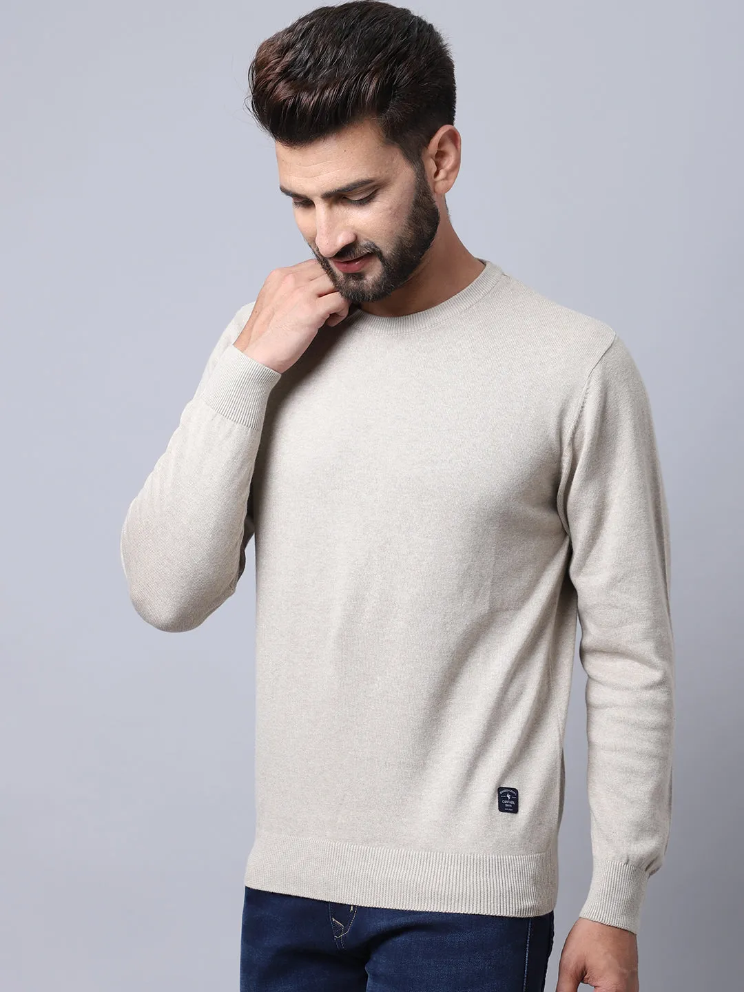 Men Ecru Melange Pullover Sweater