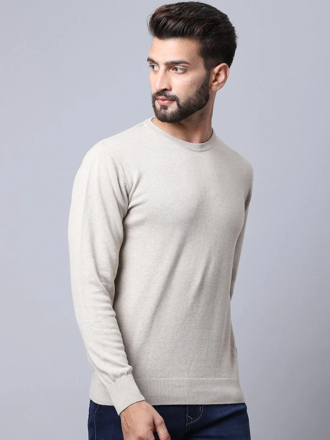 Men Ecru Melange Pullover Sweater