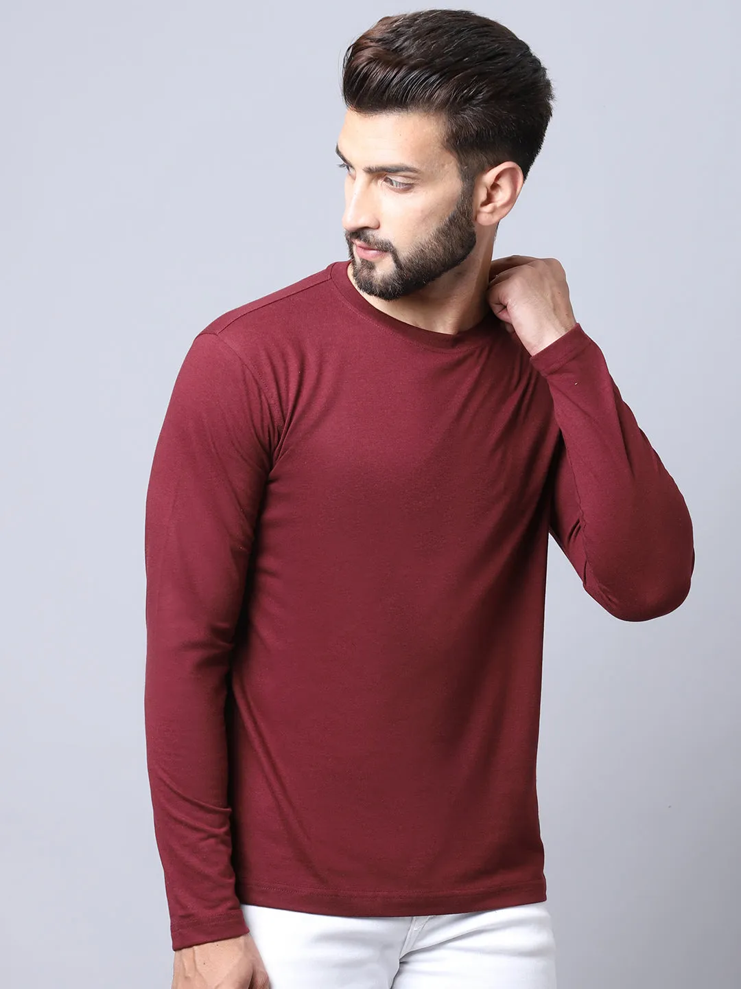 Men Round Neck Full Sleeves Winter Wear Maroon T-Shirt