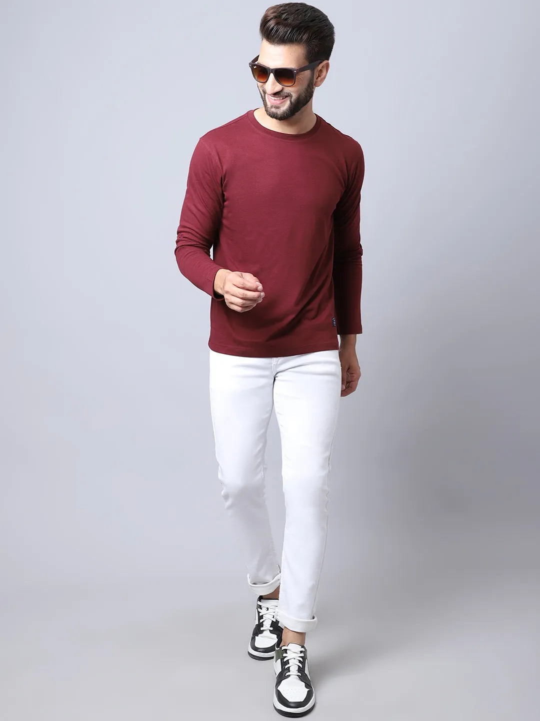 Men Round Neck Full Sleeves Winter Wear Maroon T-Shirt