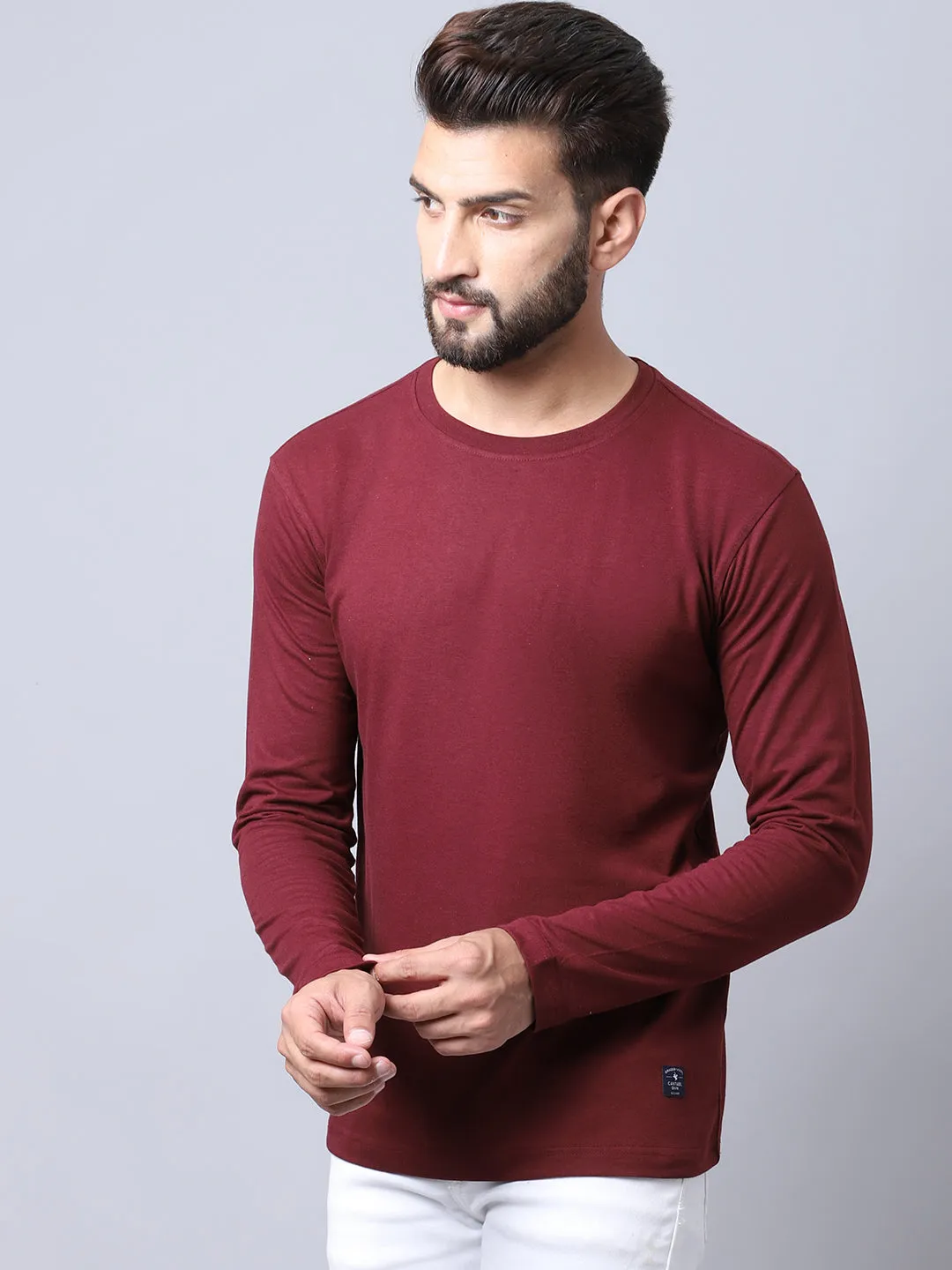 Men Round Neck Full Sleeves Winter Wear Maroon T-Shirt