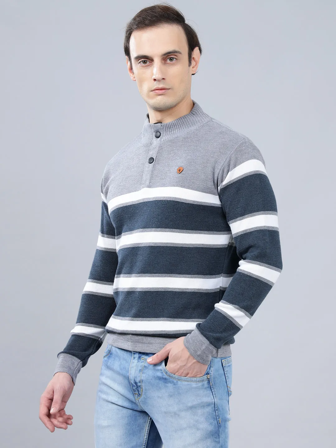 Men's Blue Striped Full Sleeve Sweater