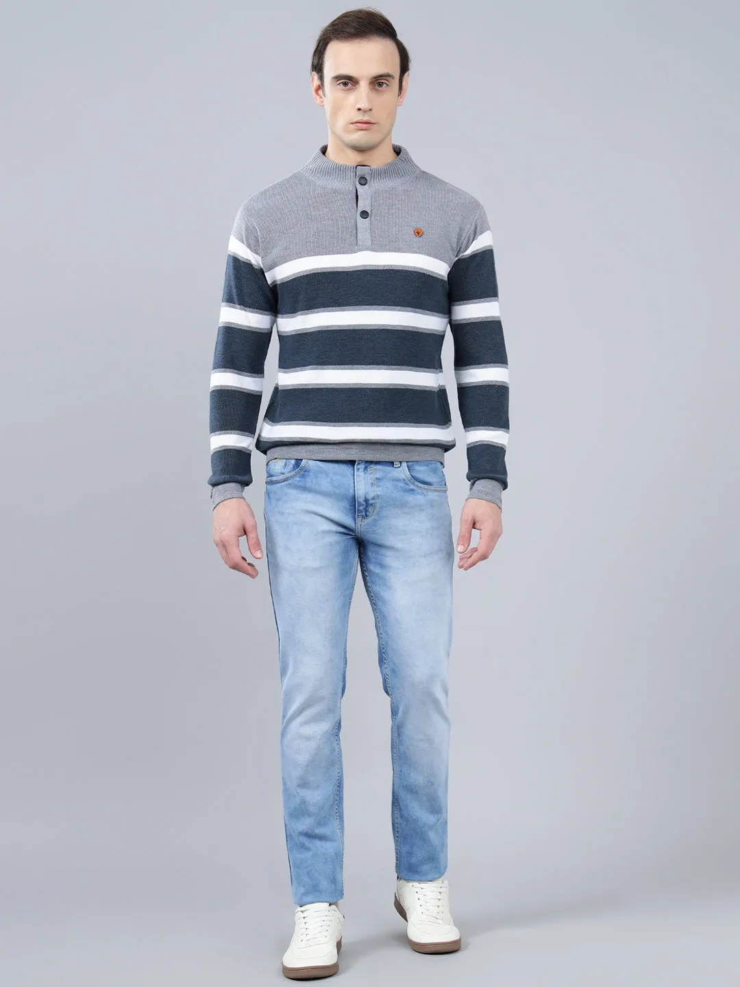 Men's Blue Striped Full Sleeve Sweater